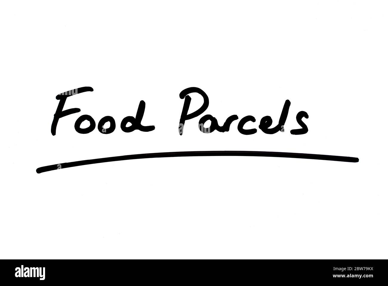Food Parcels handwritten on a white background. Stock Photo