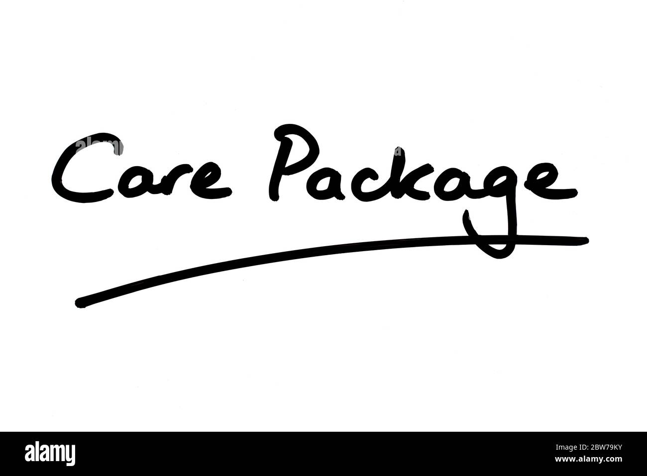 Care Package handwritten on a white background. Stock Photo