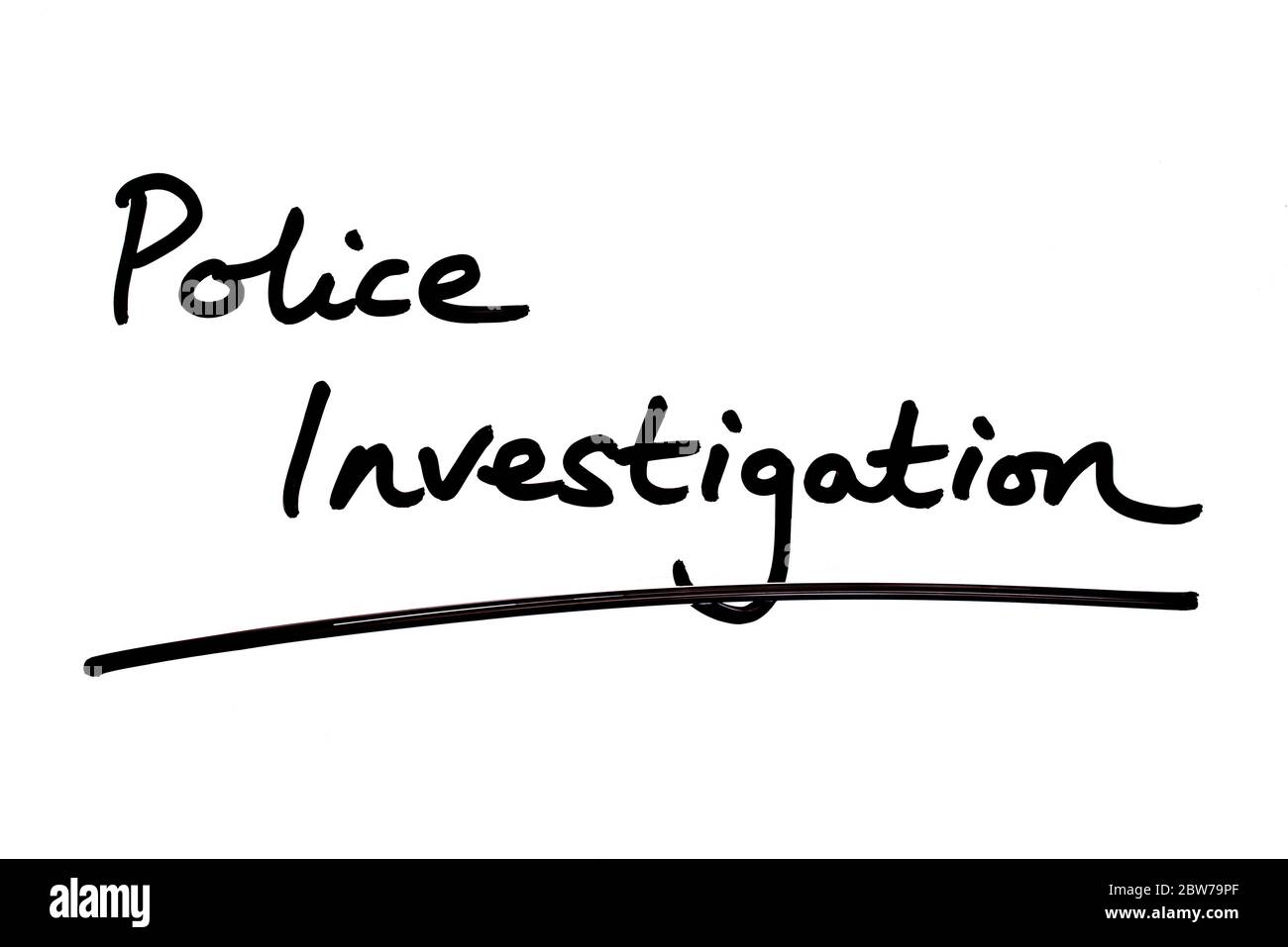 Police Investigation handwritten on a white background. Stock Photo