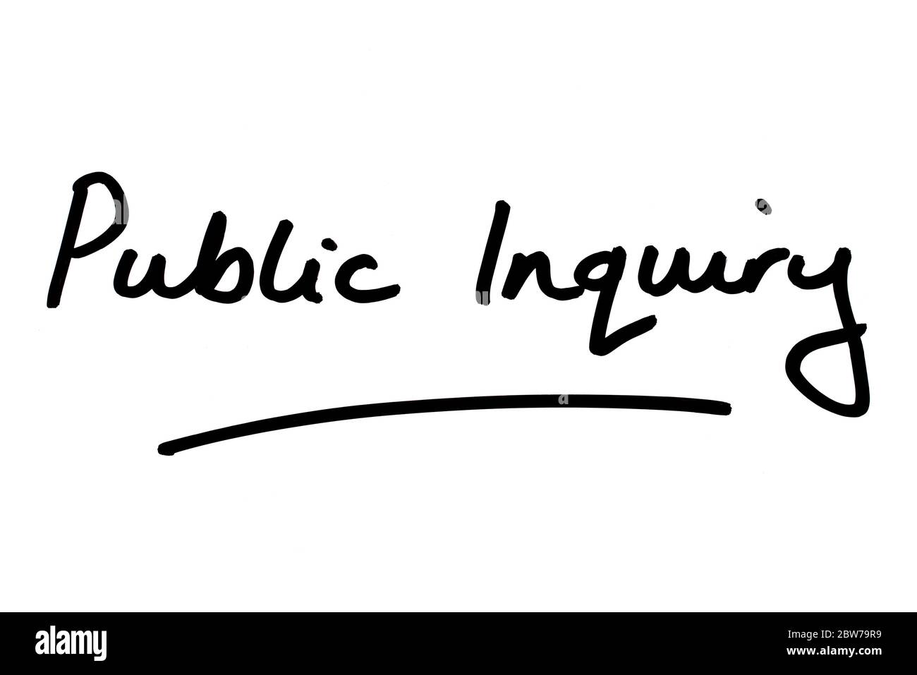 Public Inquiry handwritten on a white background. Stock Photo
