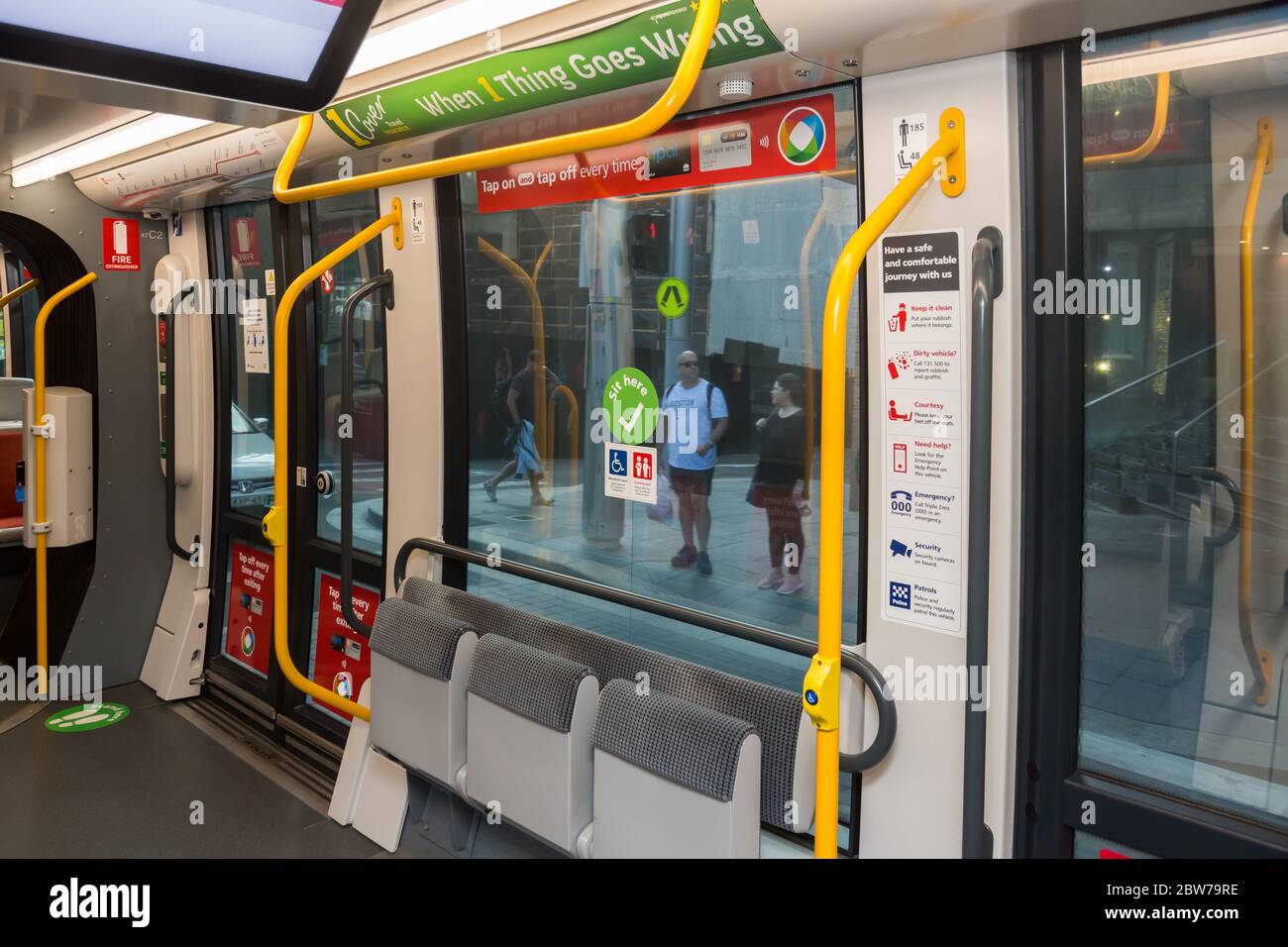 Sydney, Australia. Saturday 30th May 2020. A Sydney Tram at Circular Quay showing social distancing signage on seats and floor areas for passengers as Covid -19 resrictions ease. Credit Paul Lovelace/ Alamy Live News Stock Photo