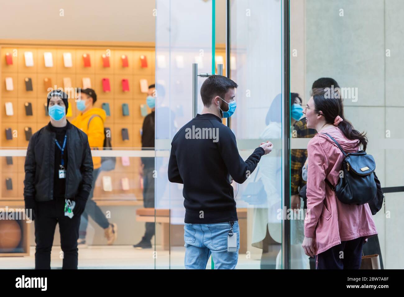 Sydney, Australia. Saturday 30th May 2020. The Apple Store at George Street in Sydney's CBD now opend as well as all the other Apple stores across Australia as the coronavirus lockdown restrictions ease. Apple has added additional safety procedures including temperature checks and social distancing. Credit Paul Lovelace/Alamy Live News Stock Photo