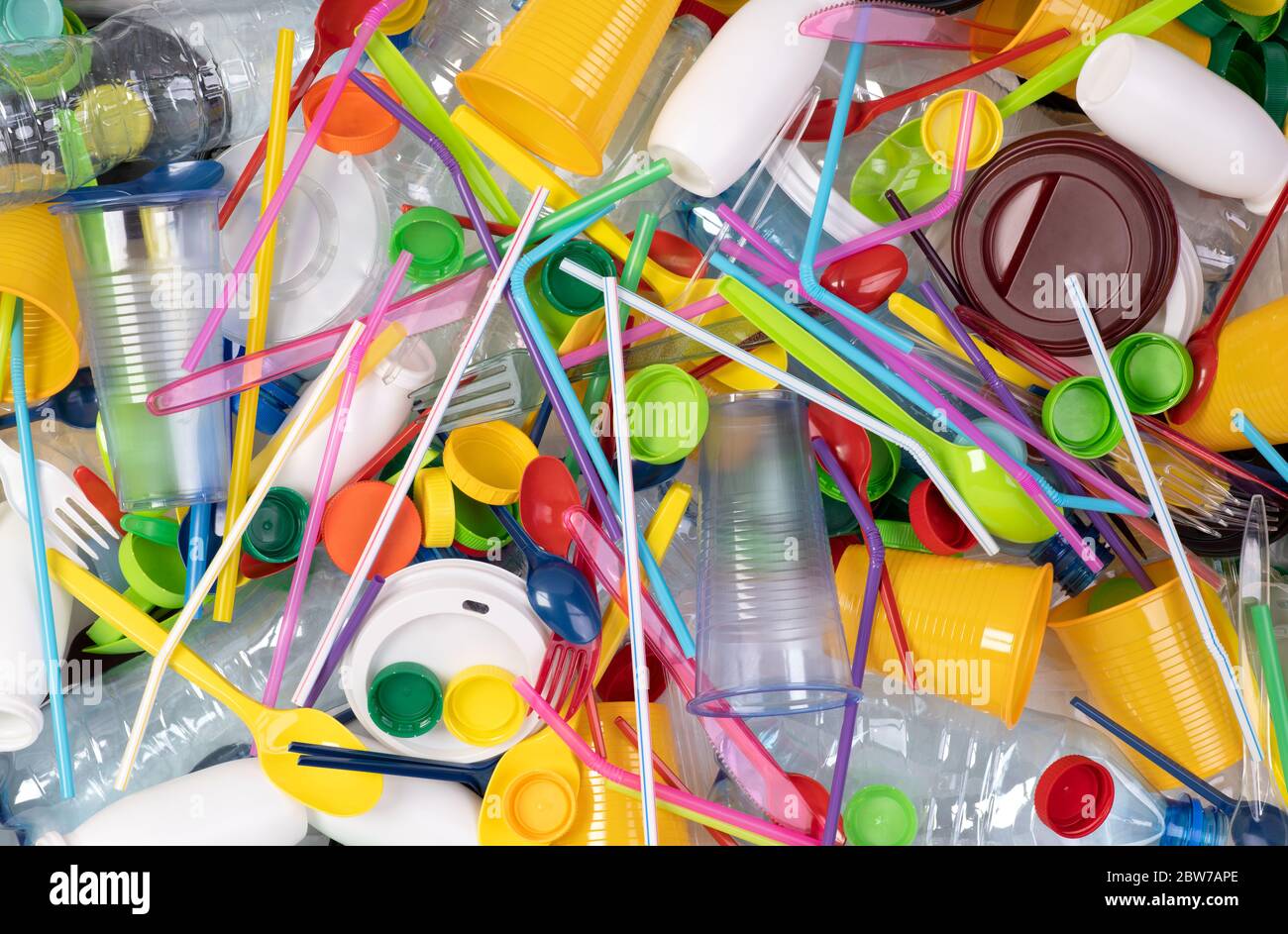 Disposable single use plastic objects such as bottles, cups, forks