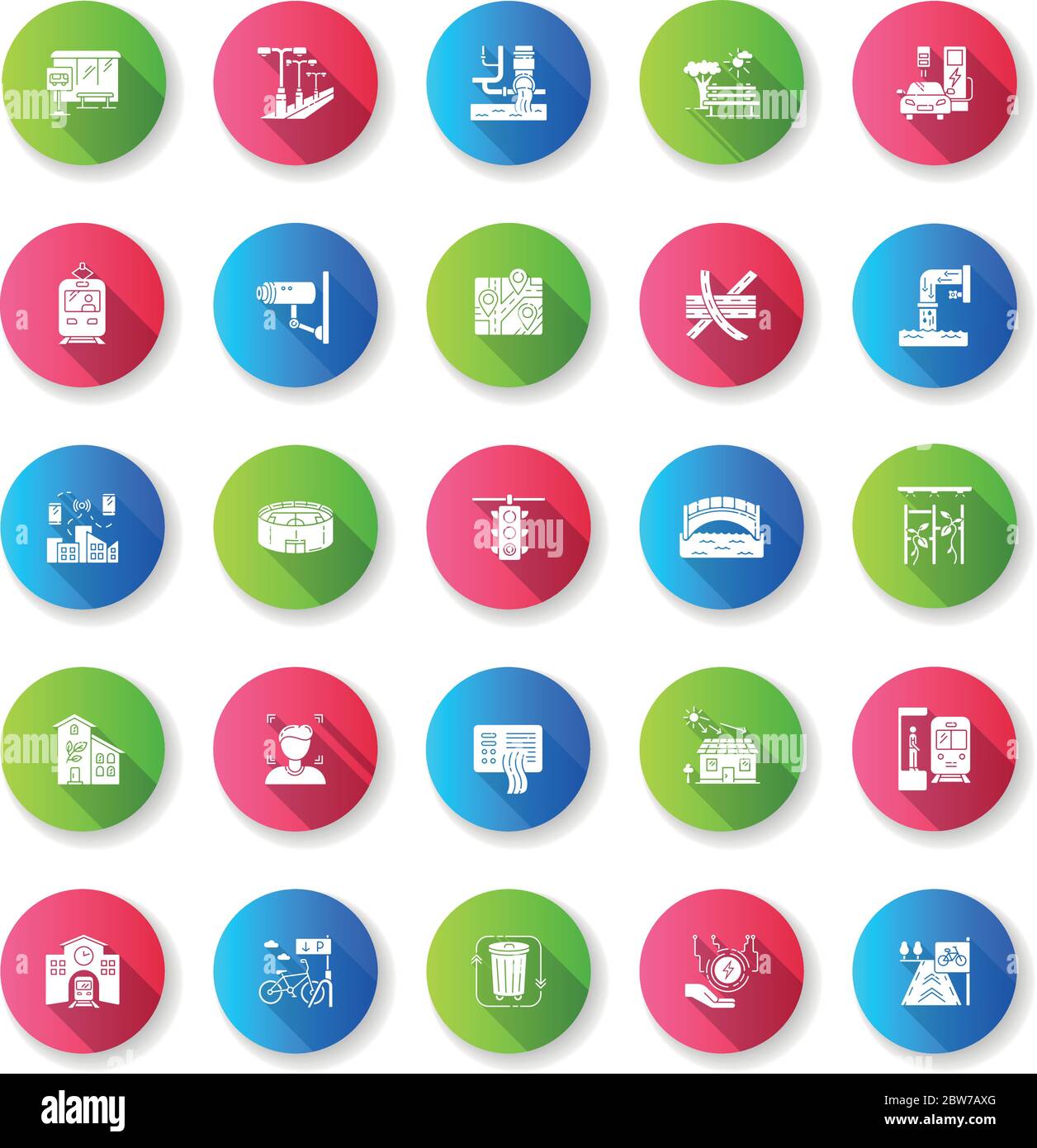 Urban infrastructure flat design long shadow glyph icons set Stock Vector