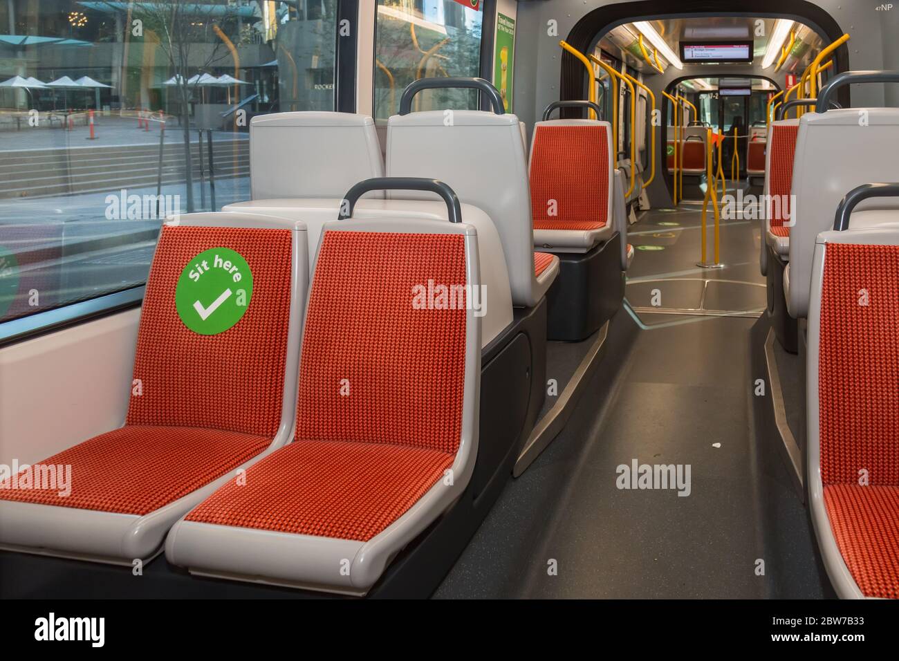 Sydney, Australia. Saturday 30th May 2020. A Sydney Tram at Circular Quay showing social distancing signage on seats and floor areas for passengers as Covid -19 resrictions ease. Credit Paul Lovelace/ Alamy Live News Stock Photo