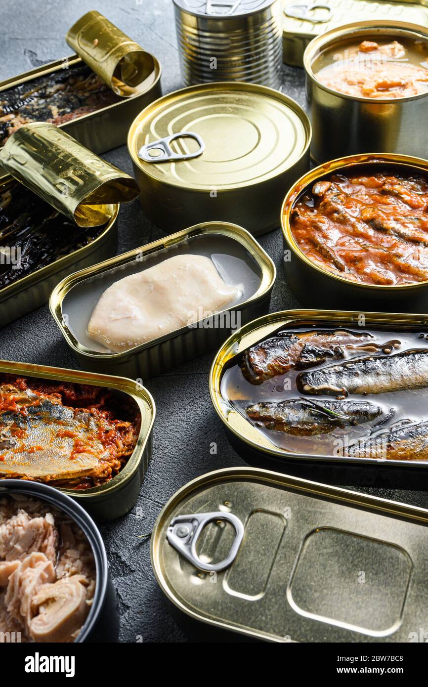 Conserves of canned fish with different types of fish and seafood