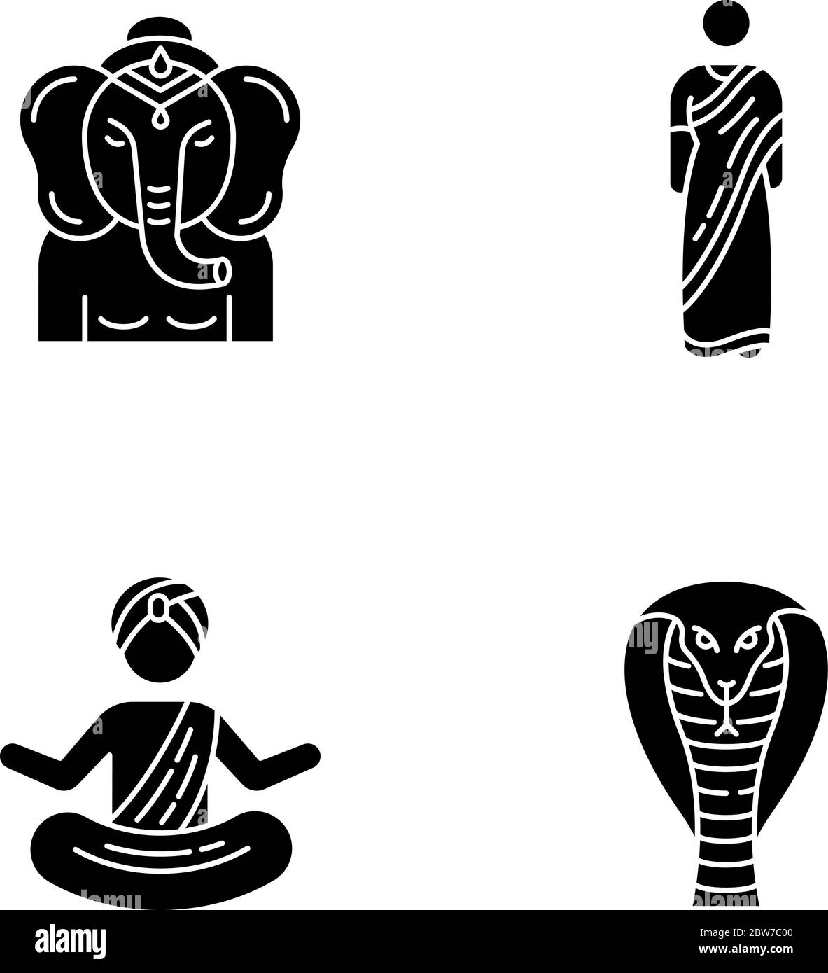 Indian culture black glyph icons set on white space Stock Vector