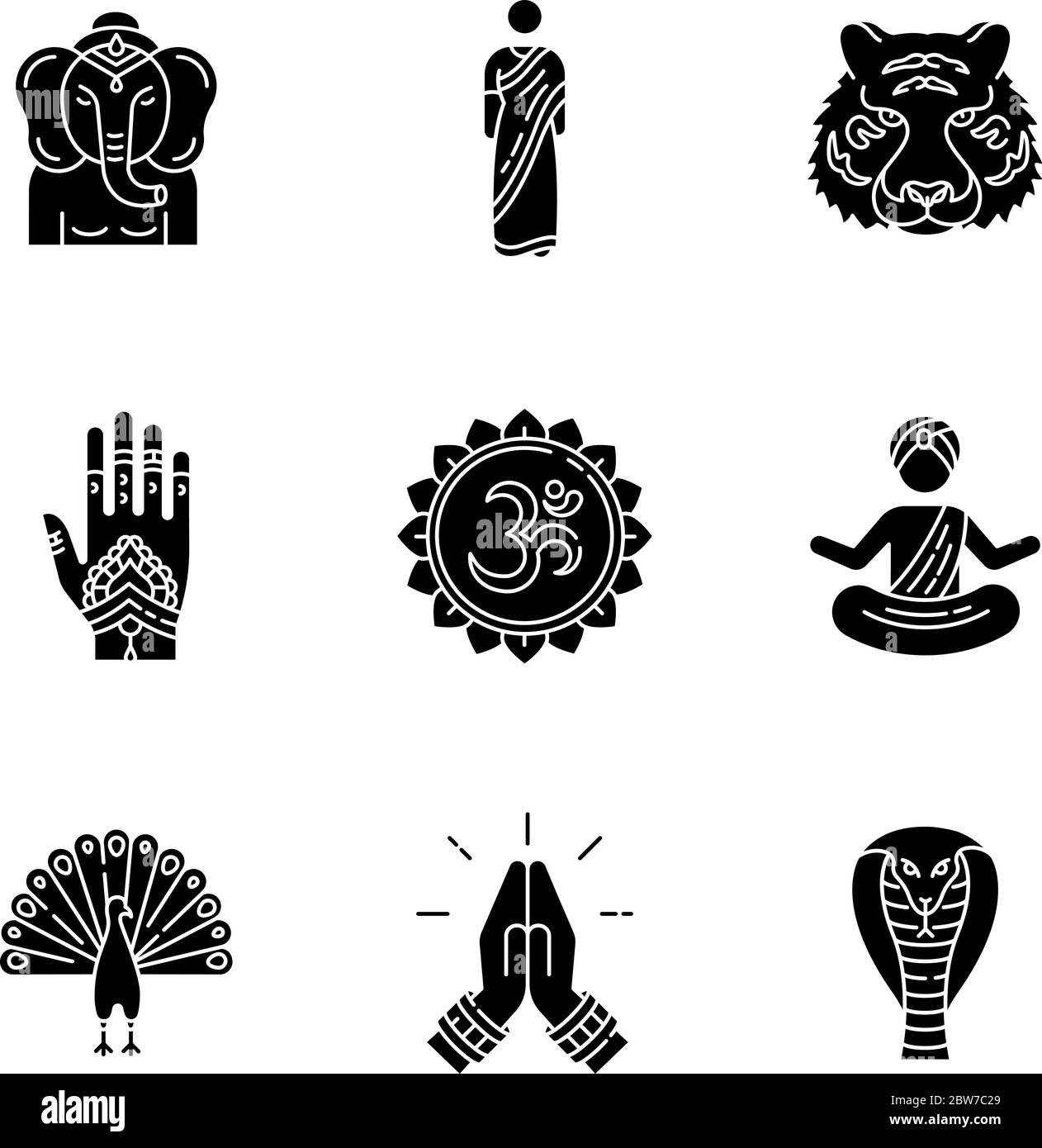 Indian spiritual symbols black glyph icons set on white space Stock Vector