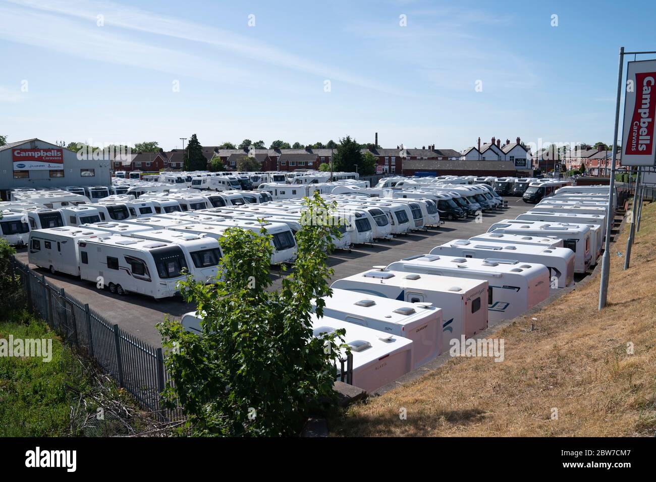 Leyland, UK. 29th May, 2020. Picture shows caravans and moto homes for sale at a dealership in Leyland in Lancashire as motorhome and caravan dealersh Stock Photo