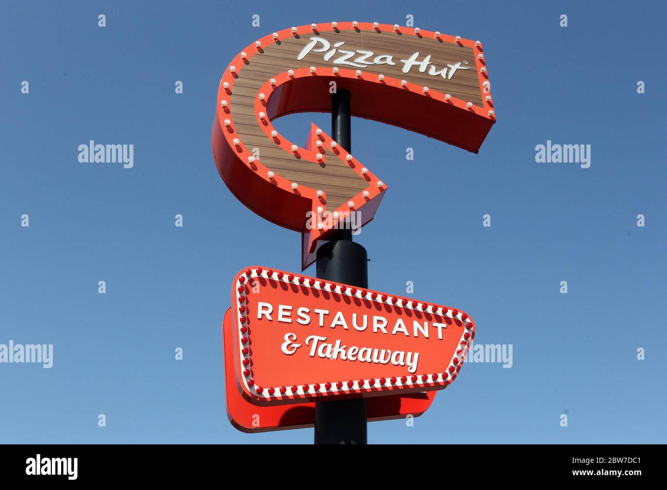 A large sign outside the Pizza Hut at Galleys Corner, Braintree. The restaurant is temporarily