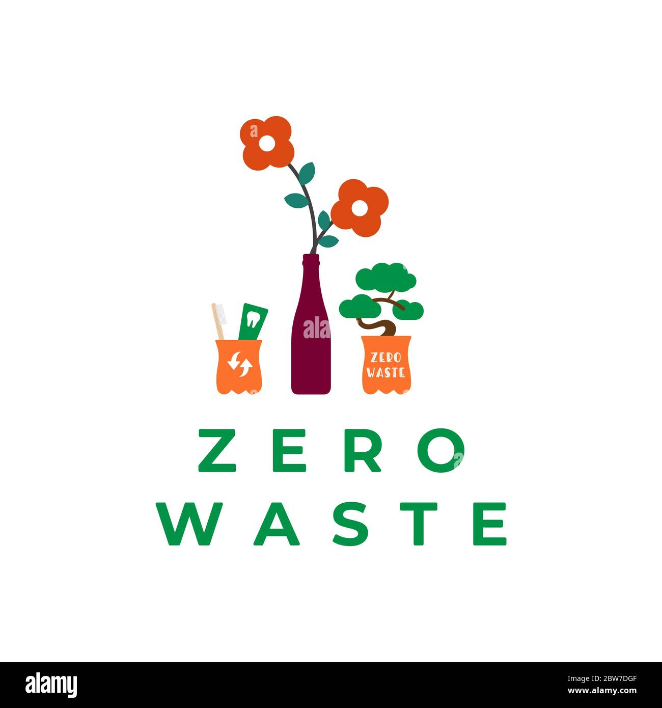Zero Waste Design Concept for Environment Poster or any design with plastic bottle and bamboo tooth brush illustration Stock Vector