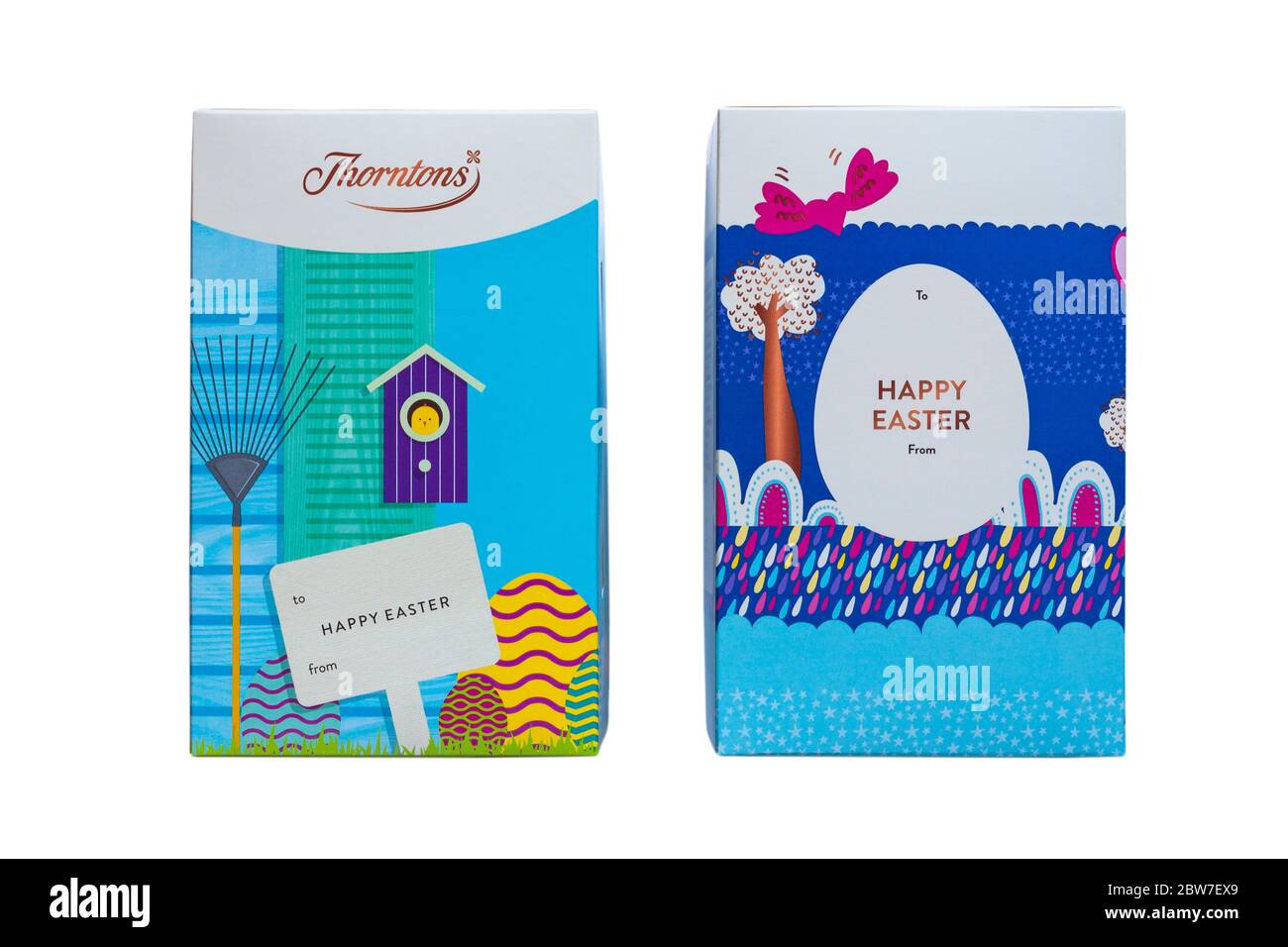 Thorntons Happy Easter - Thorntons milk chocolate Unicorn Easter Egg & Thorntons white chocolate Bunny Egg boxes Stock Photo