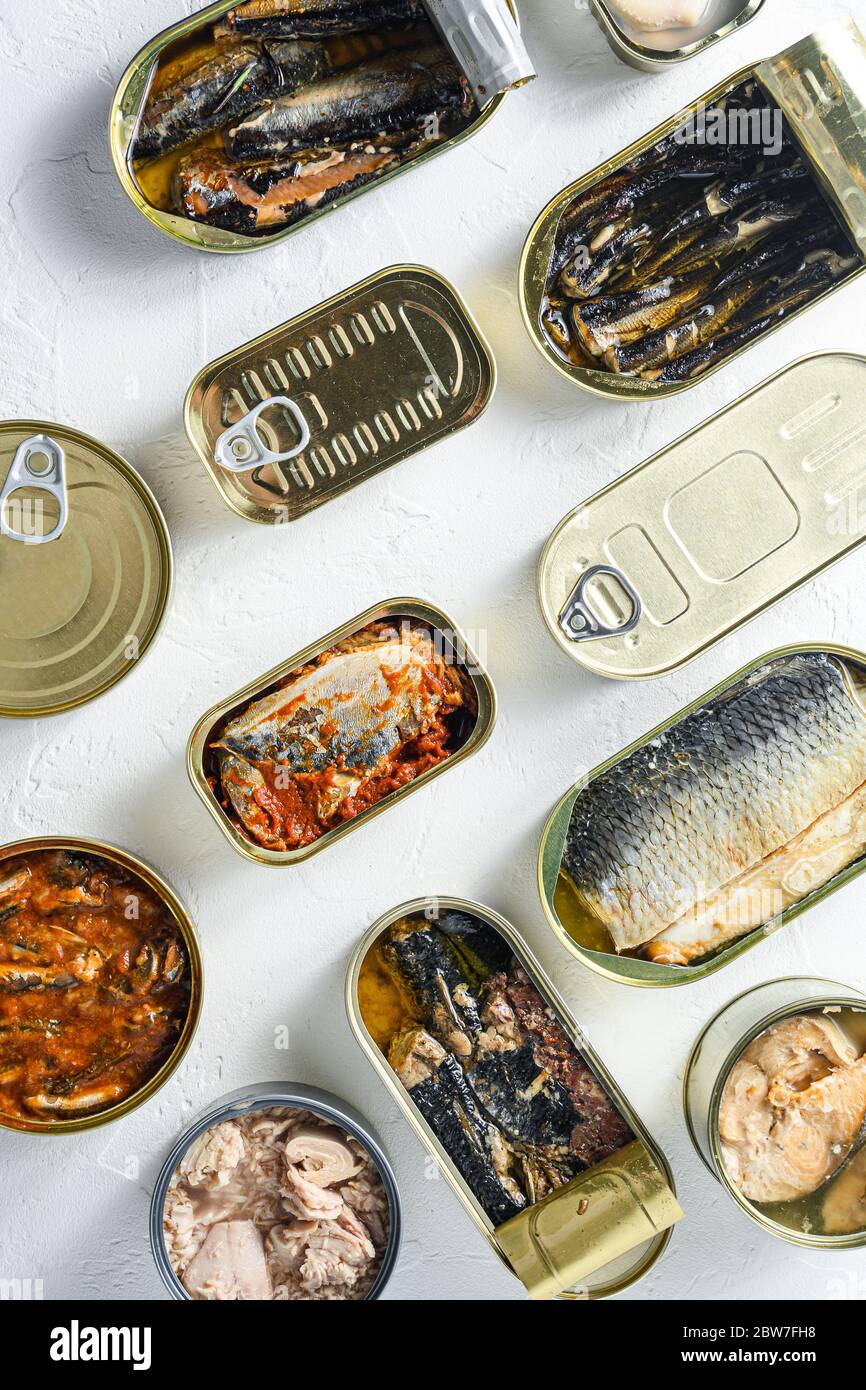Conserves of canned fish with different types of fish and seafood, opened and closed cans with