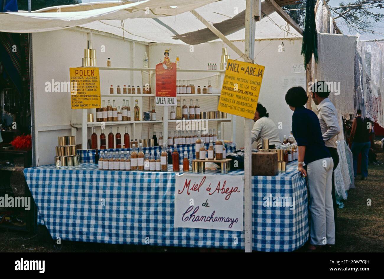 honey for sale, Indian Market, May 03, 1982, Miraflores, Lima, Peru, South America Stock Photo
