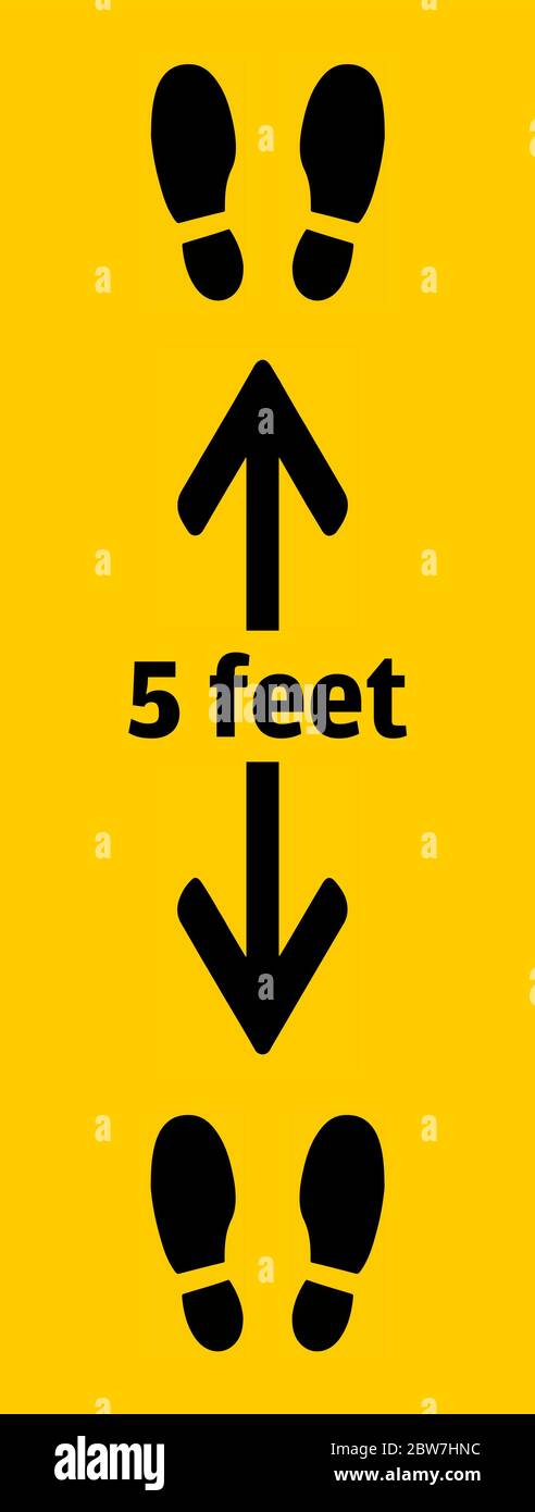 Long sticker with Feets at 5 feet apart isolated on a yellow background. Social Distancing Concept vector illustration. Stock Vector