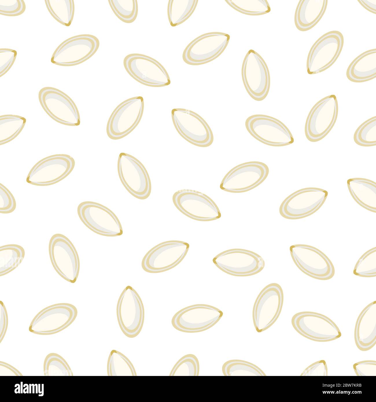Seamless pattern with pumpkin seeds on a white background. Squash whole yellow pumpkin seeds in cartoon style for packaging. Stock vector illustration Stock Vector