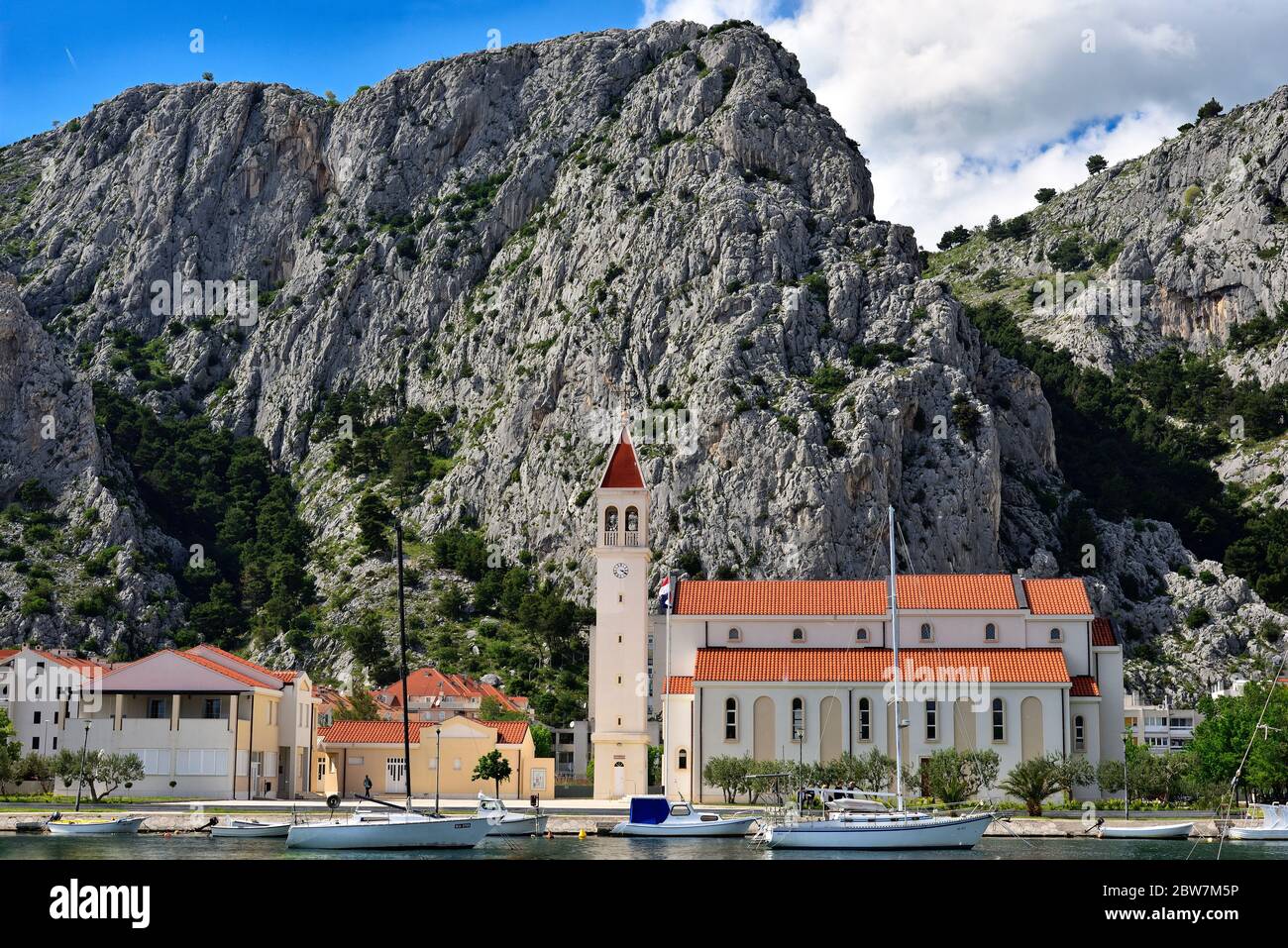 OMIS, CROATIA - MAY 3, 2019: Impressive Omis town surrounded with gorges, over Cetina river Stock Photo