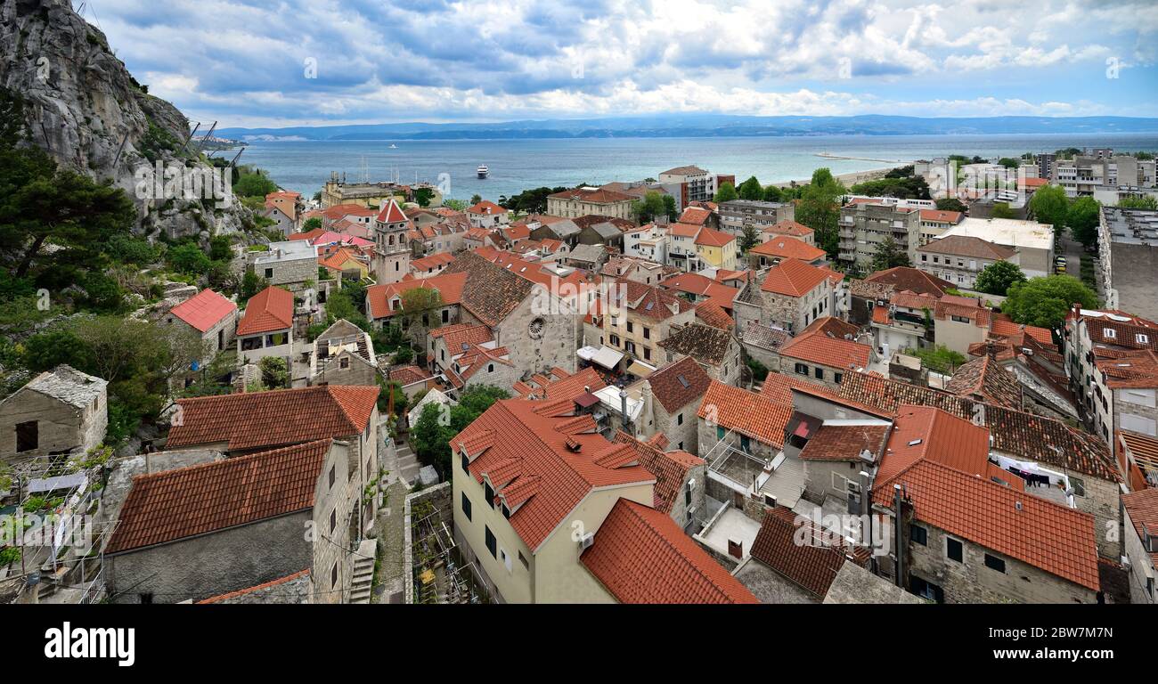 The aerial view of the coastline and old town of Omis, Croatia. Dalmatia region of Croatia Stock Photo
