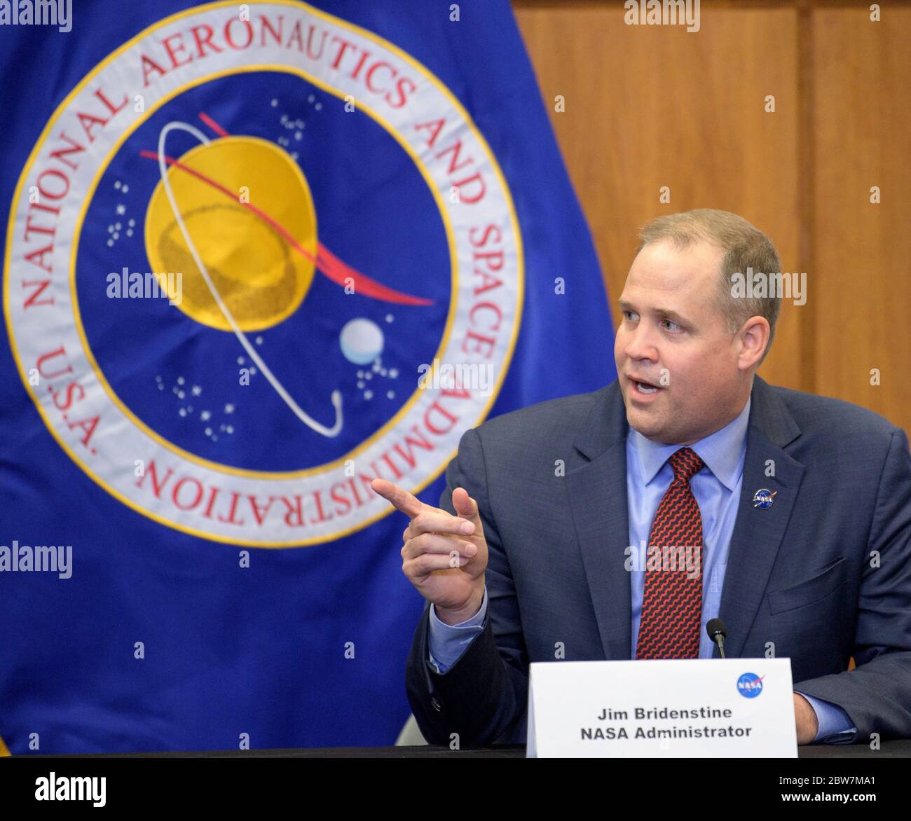 NASA Administrator Jim Bridenstine participates in a SpaceX Demonstration Mission 2 Launch Briefing at the Neil Armstrong Operations and Checkout Building following the departure of NASA astronauts Robert Behnken and Douglas Hurley for Launch Complex 39A to board a SpaceX Crew Dragon spacecraft for launch, at the Kennedy Space Center May 27, 2020 in Cape Canaveral, Florida. The mission was scrubbed 16 minutes before launch due to weather and will try again on the 30th. Stock Photo