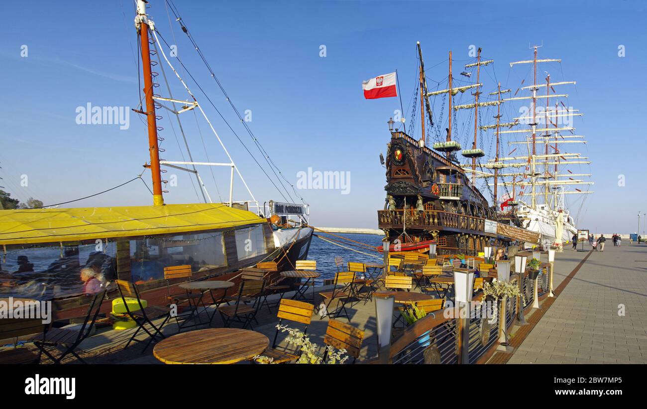 GDYNIA, POLAND: SEPTEMBER 29, 2017: Large wooden sailing galleon for tourist voyages in Gdynia port over Baltic Sea Stock Photo