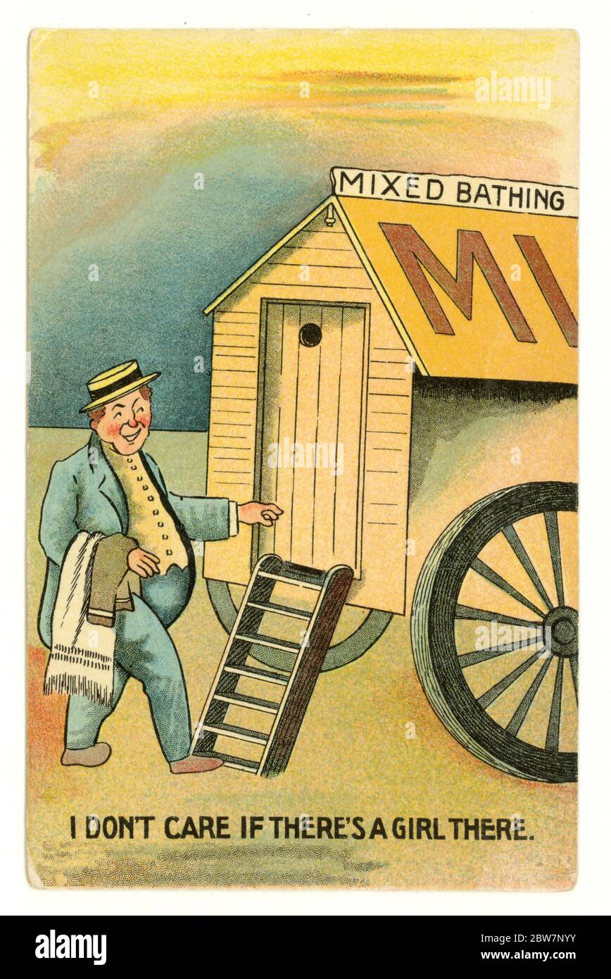 Original early 1900's comic saucy seaside cartoon postcard of a large man using a mixed bathing machine looking happy about it.  Protecting women's modesty whilst bathing had become less important by the time this card was published in 1910, after bathing areas became unsegregated in 1901. Retro beach postcard. Stock Photo