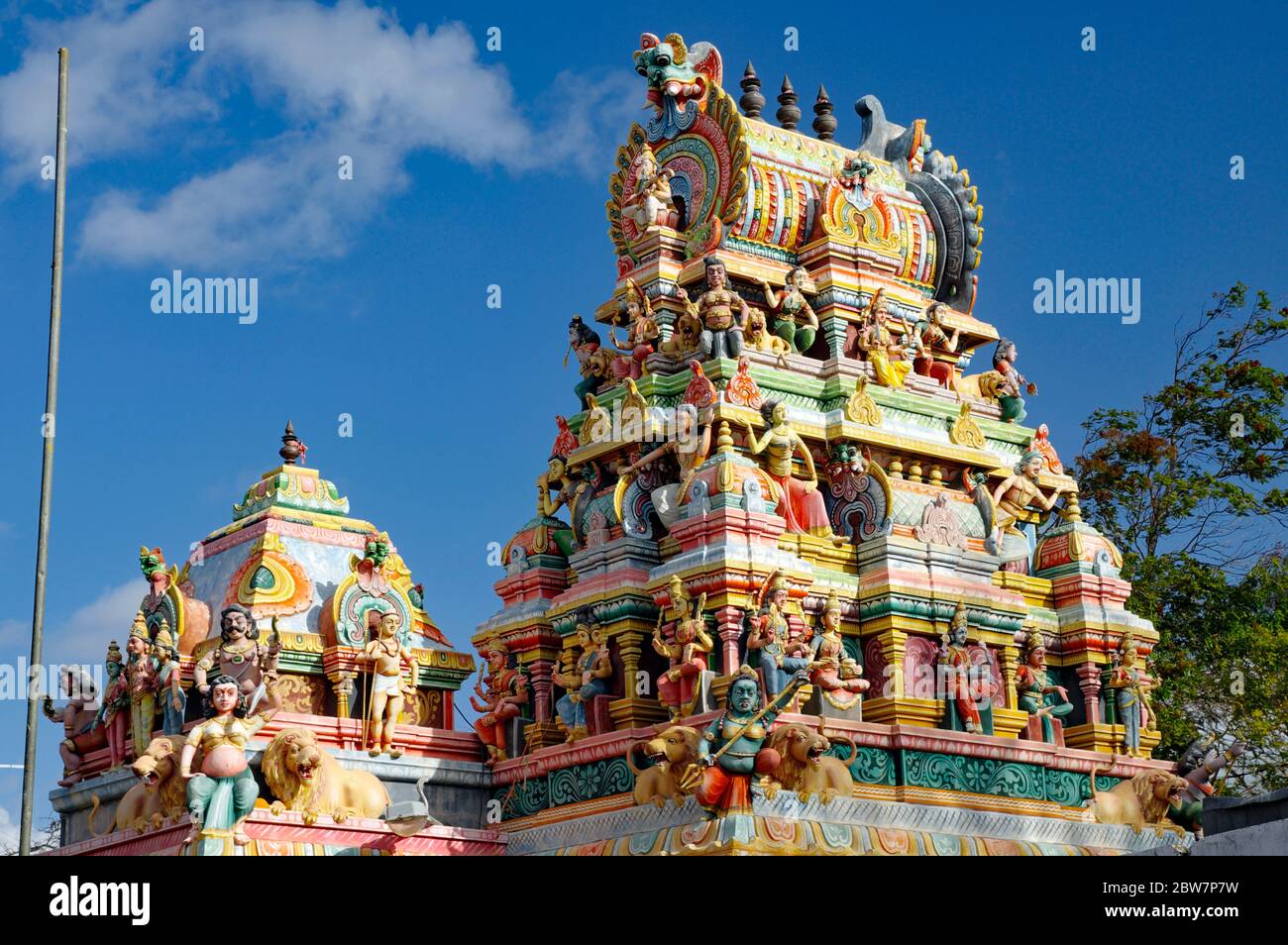 Top of an ancient Hindu temple in Mauritius Island. Mauritius, an Indian Ocean island nation, is known for its beaches lagoons and reefs. Stock Photo