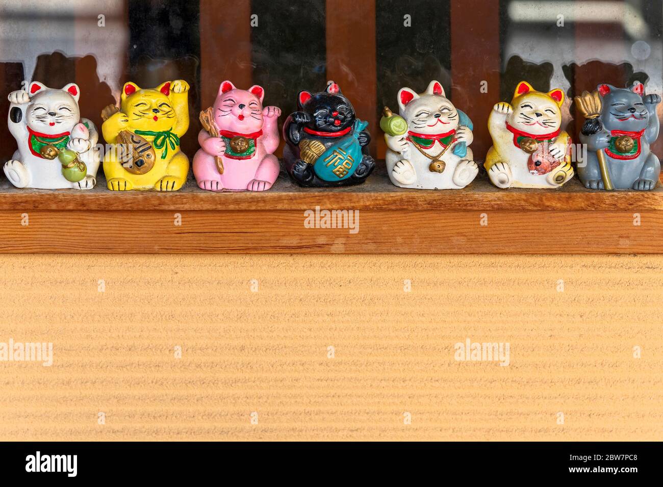 tokyo, japan - march 31 2020: Manekineko lucky cats depicting the seven gods of happiness Bishamonten, Ebisu, Daikokuten, Hotei, Jurojin, Benzaiten an Stock Photo