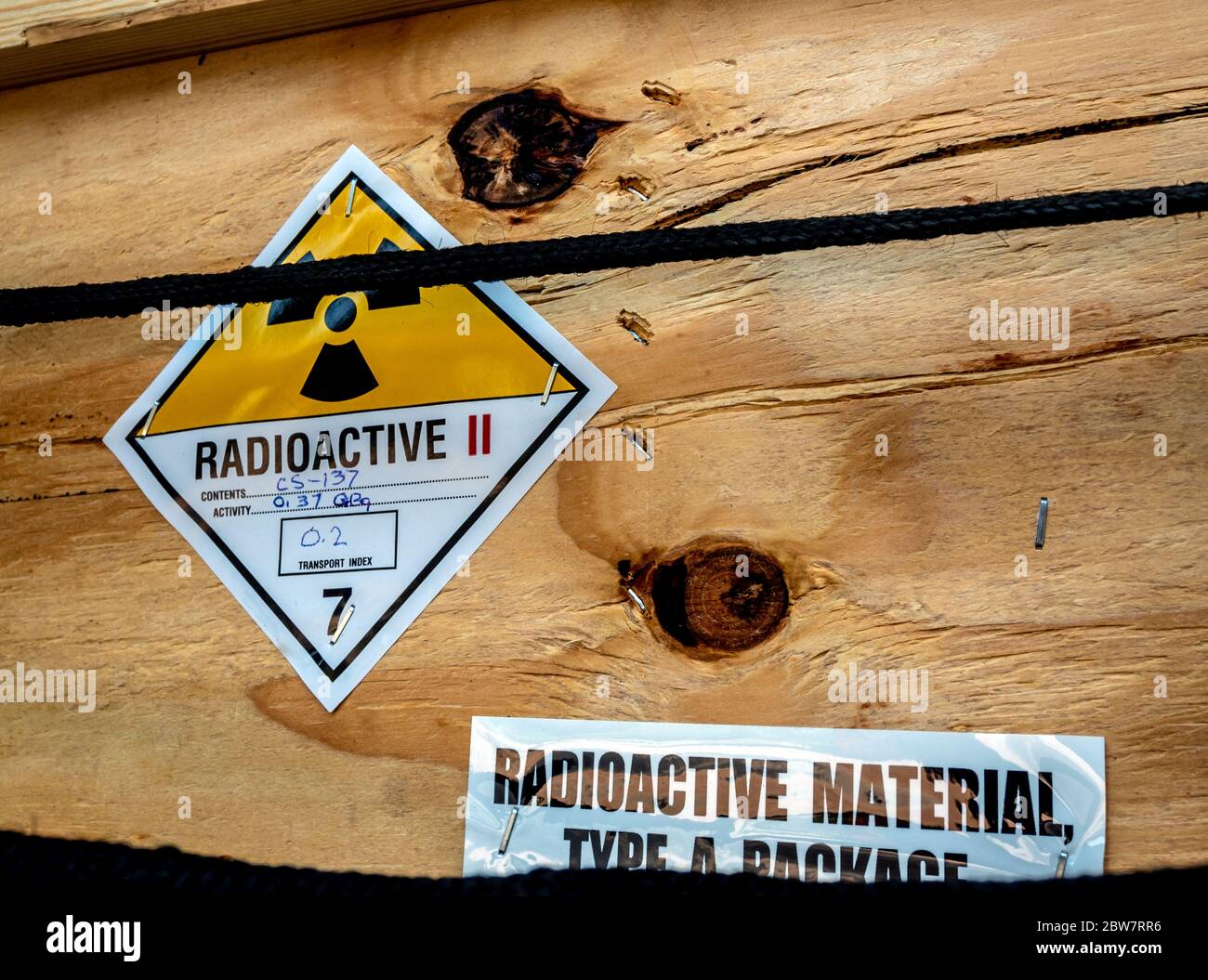 Radioactive material label beside the transportation wooden box Type A