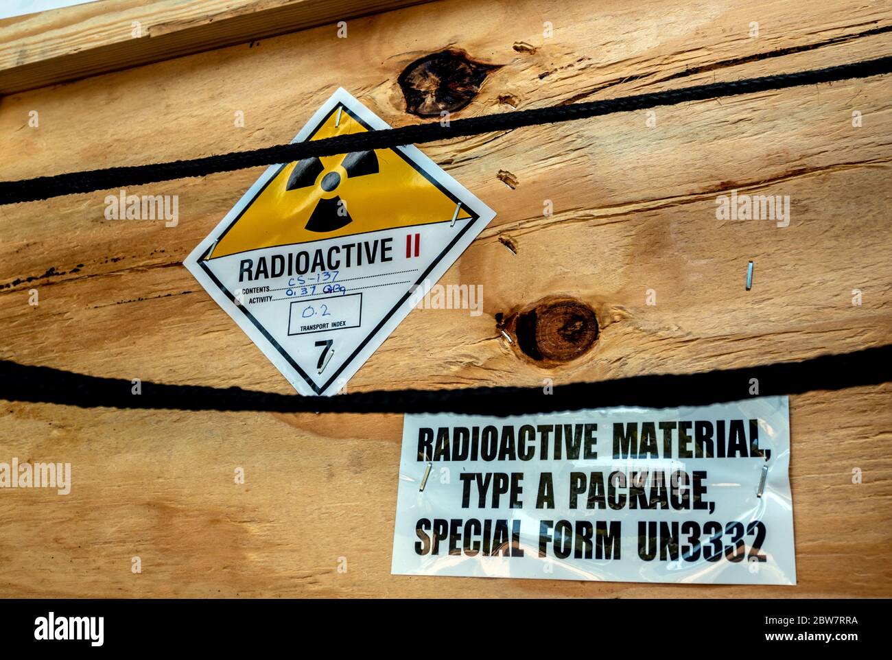 Radioactive material label beside the transportation wooden box Type A