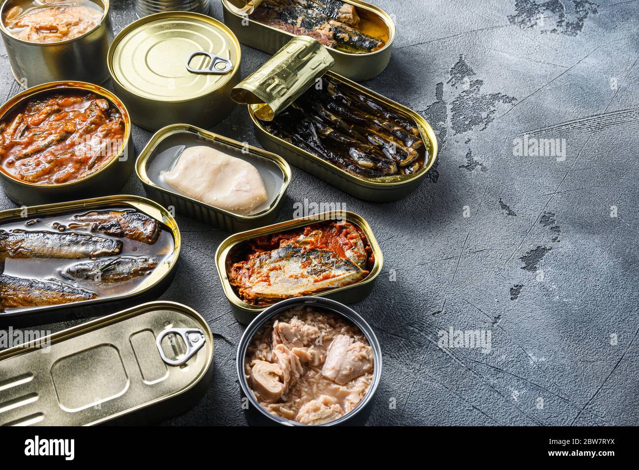Conserves of canned fish with different types of fish and seafood