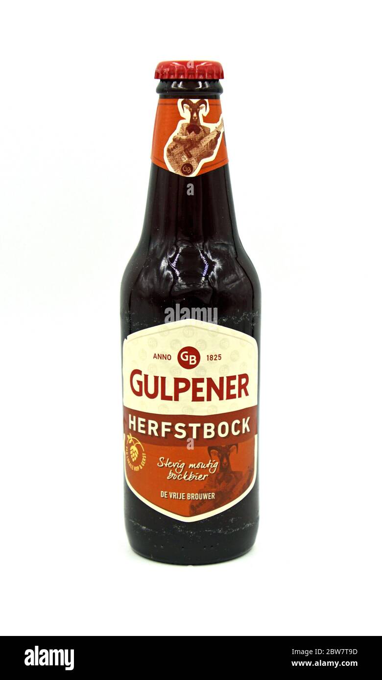 Gulpen, the Netherlands - May 29, 2020: Bottle of Gulpener Herfstbock beer against a white background. Stock Photo