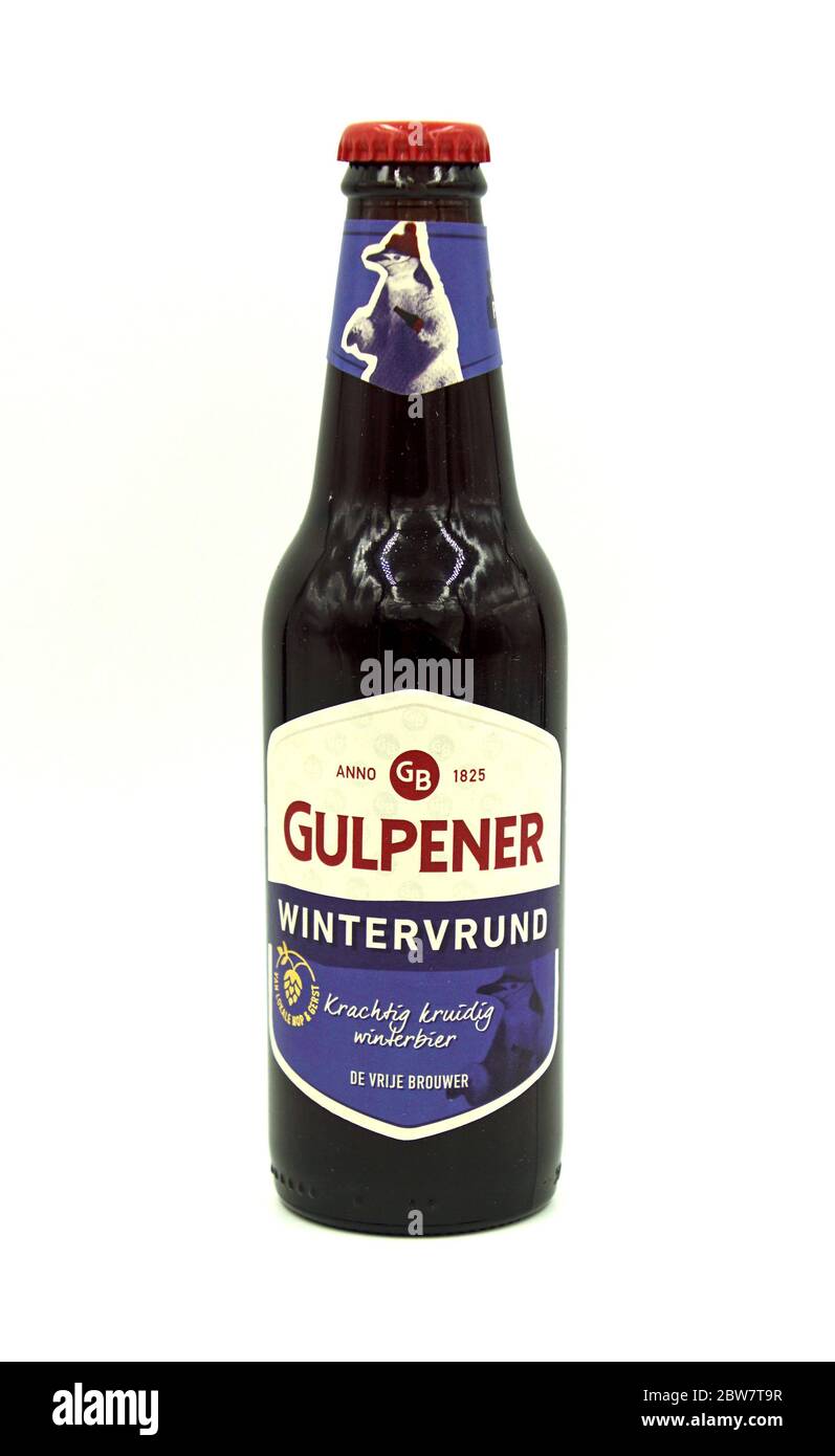 Gulpen, the Netherlands - May 29, 2020: Bottle of Gulpener Wintervrund beer against a white background. Stock Photo