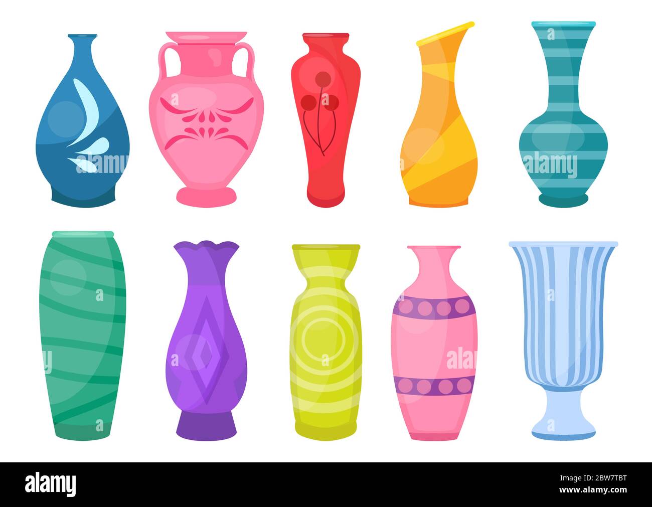 Ceramic Vases set, modern flat style. Antique Pottery classic pot and