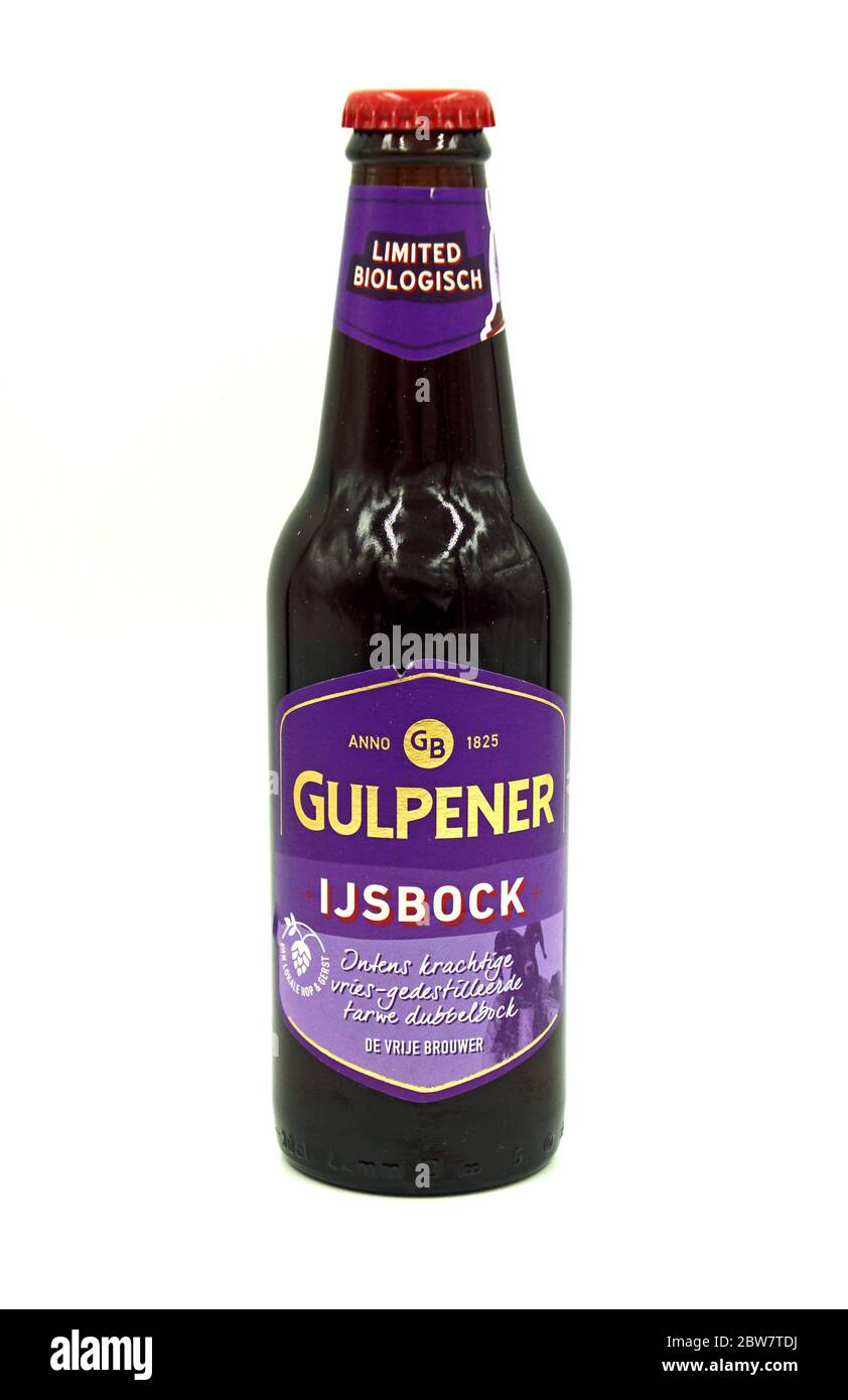 Gulpen, the Netherlands - May 29, 2020: Bottle of Gulpener IJsbock beer against a white background. Stock Photo