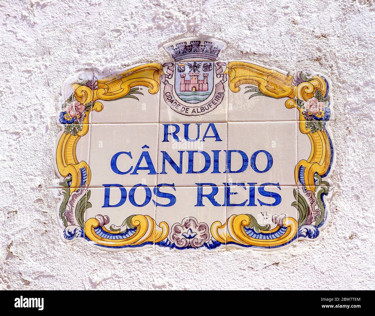 Ceramic street sign, Rua Candido Dos Reis, Albufeira, Algarve Region, Portugal Stock Photo