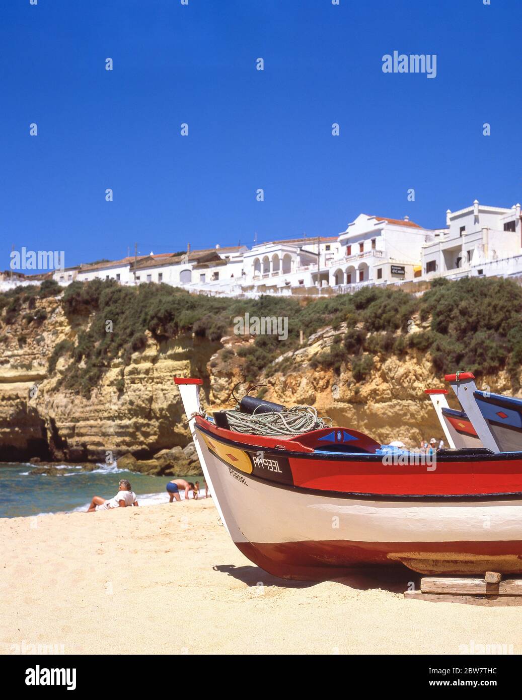Traditional fishing boat, Praia de Carvoeiro, Carvoeiro, Algarve Region, Portugal Stock Photo