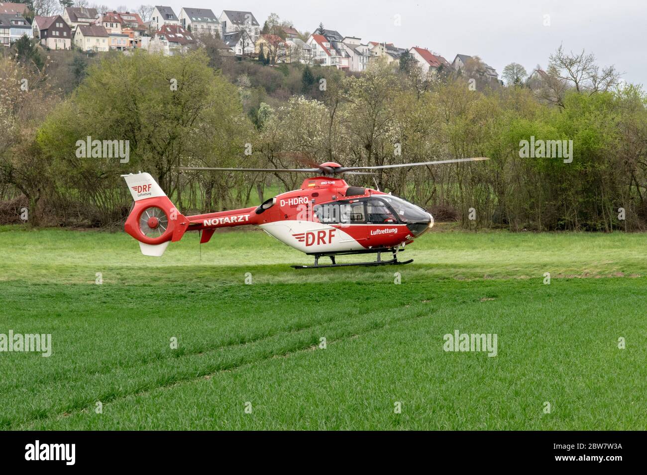 Rettungshubschrauber der DRF Luftrettung 'Christoph 41' mit der Kennung D-HDRQ auf einem Feld zur Unterstützung bei einem Verkehrsunfall Stock Photo
