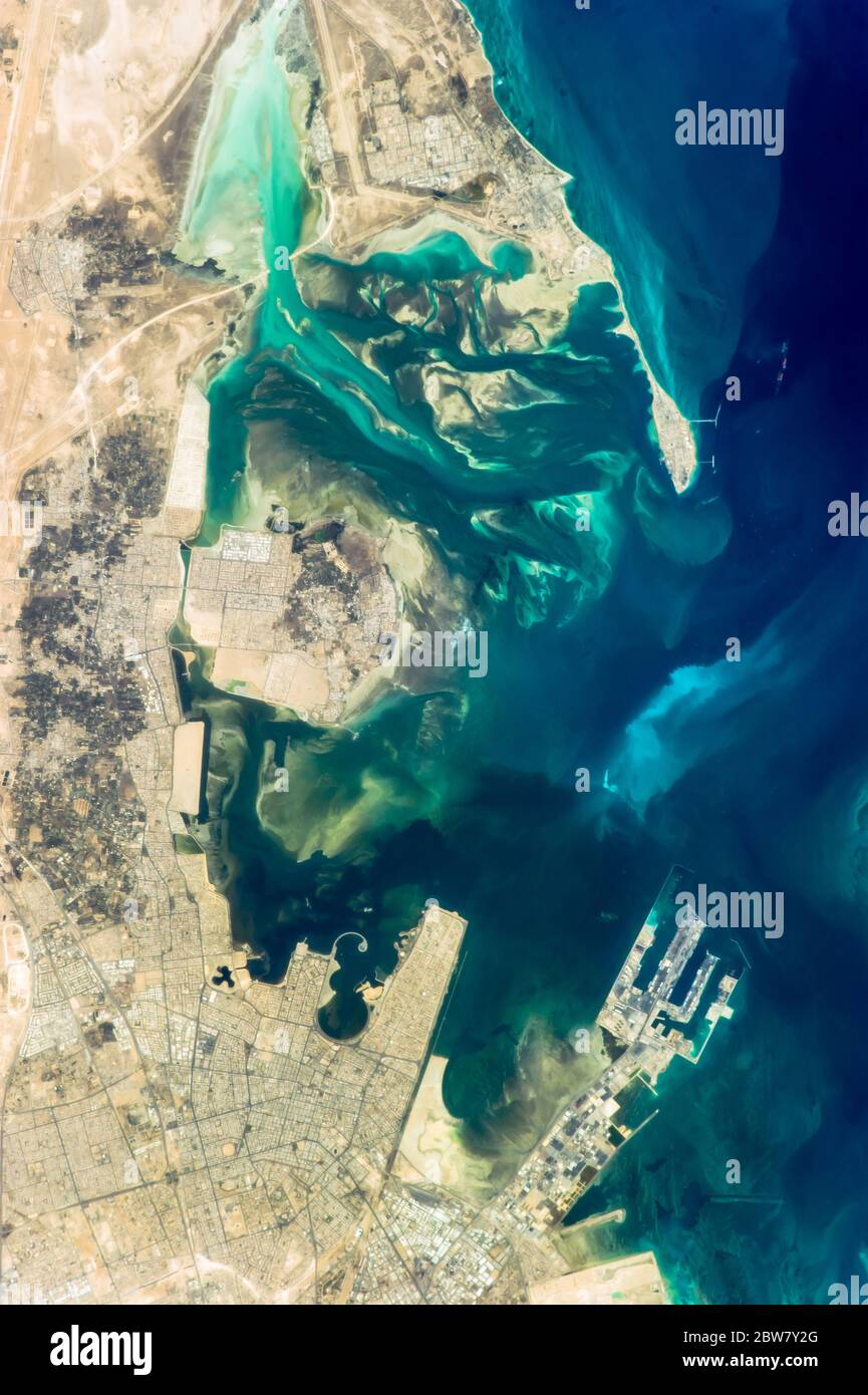 Northeast Dammam, Saihat, Qatif, Tarout Island, and Ras Tanura, NASA image Stock Photo