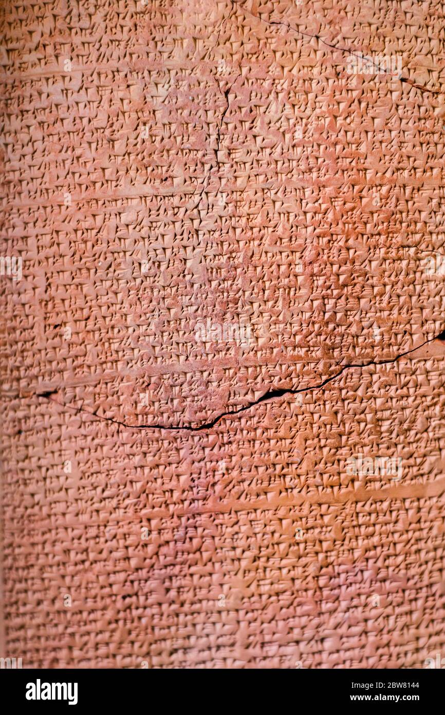 ancient Assyrian clay tablet document covered by cuneiform Stock Photo