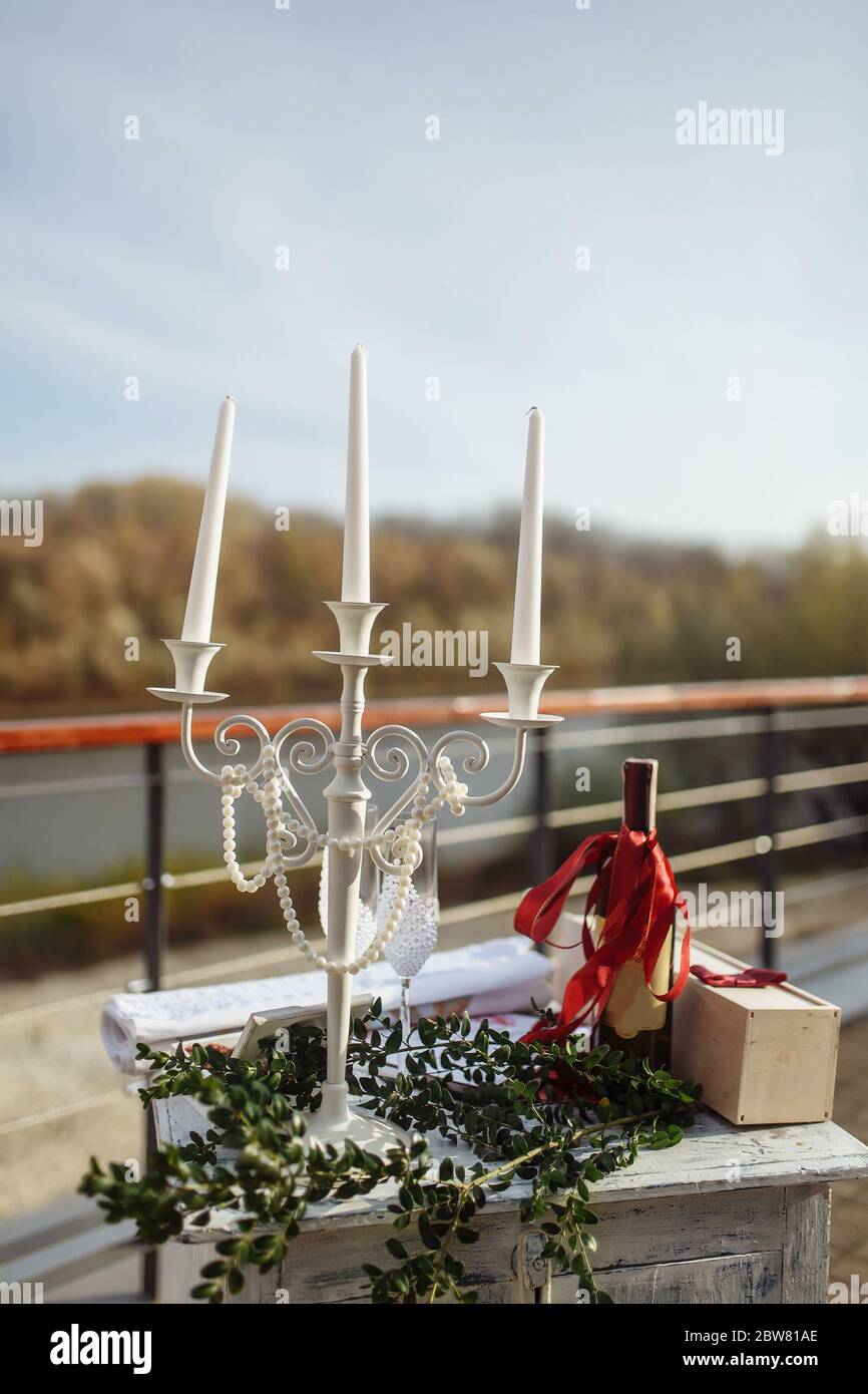 Decorations for a solemn wedding ceremony with beautiful lighting in