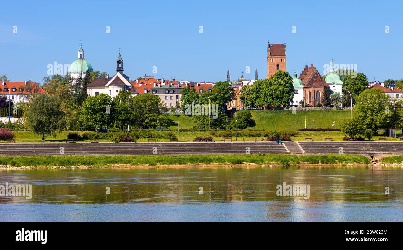 Warsaw, Mazovia / Poland - 2020/05/09: Panoramic view of New Town quarter - Nowe Miasto - and Muranow district with Wybrzerze Gdanskie embankment Stock Photo