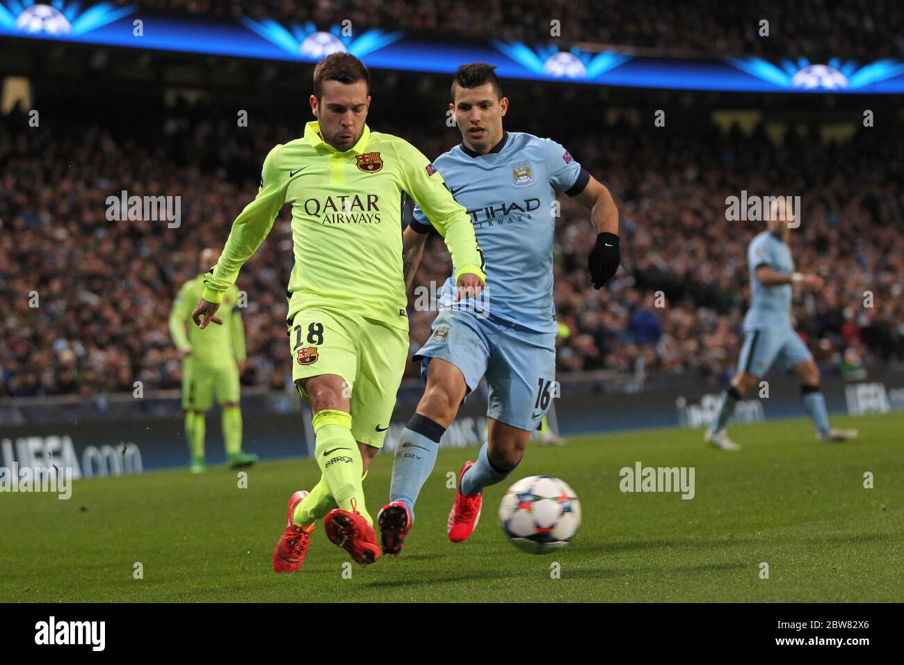 MANCHESTER, ENGLAND - Jordi Alba of Barcelona in action with
