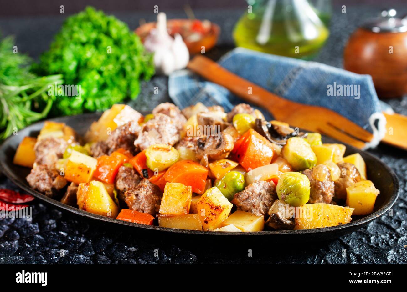 fried vegetables with mushrooms and meatballs Stock Photo Alamy