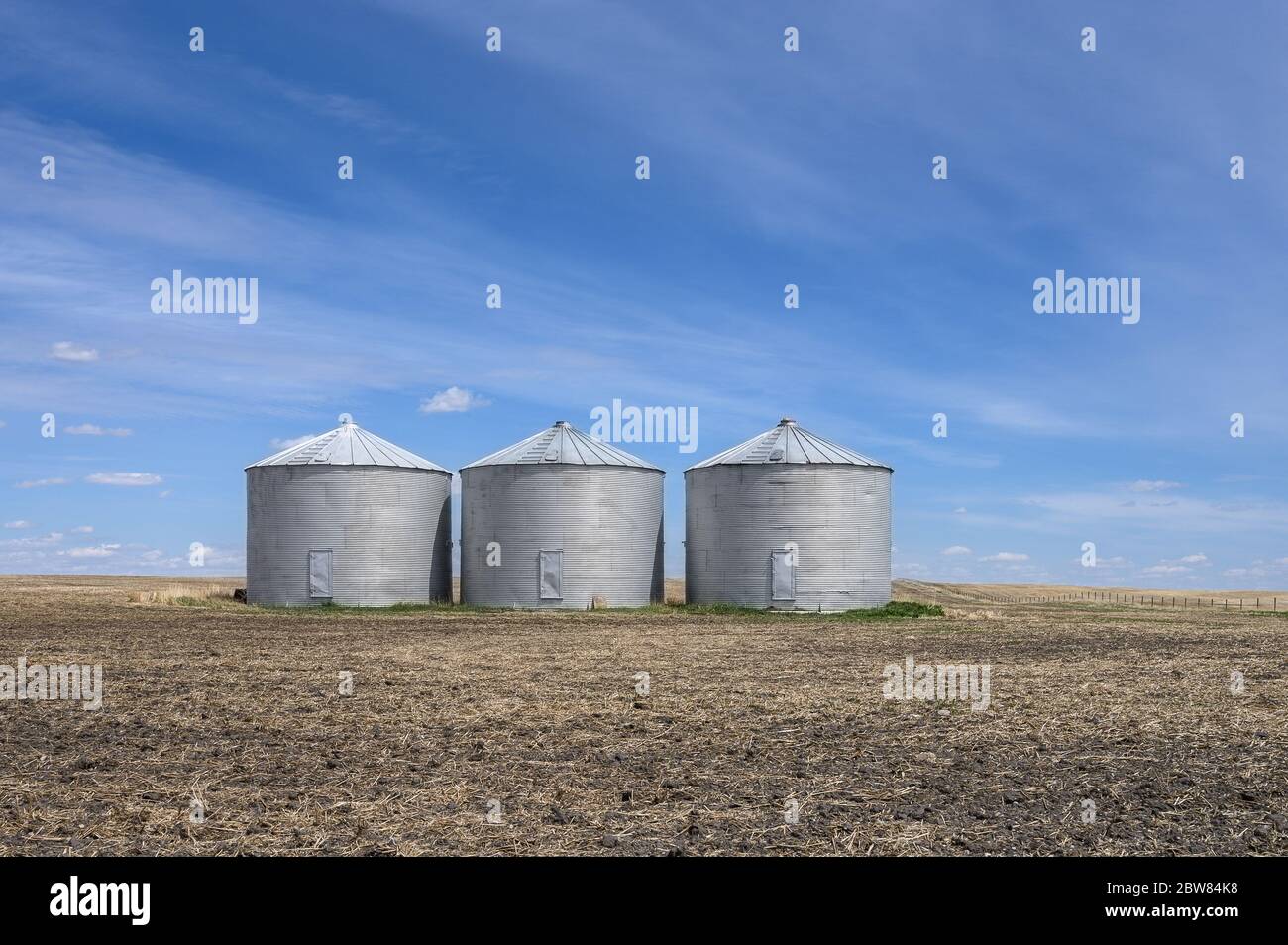 Round metal grain storage bins near the city of Airdrie, Alberta