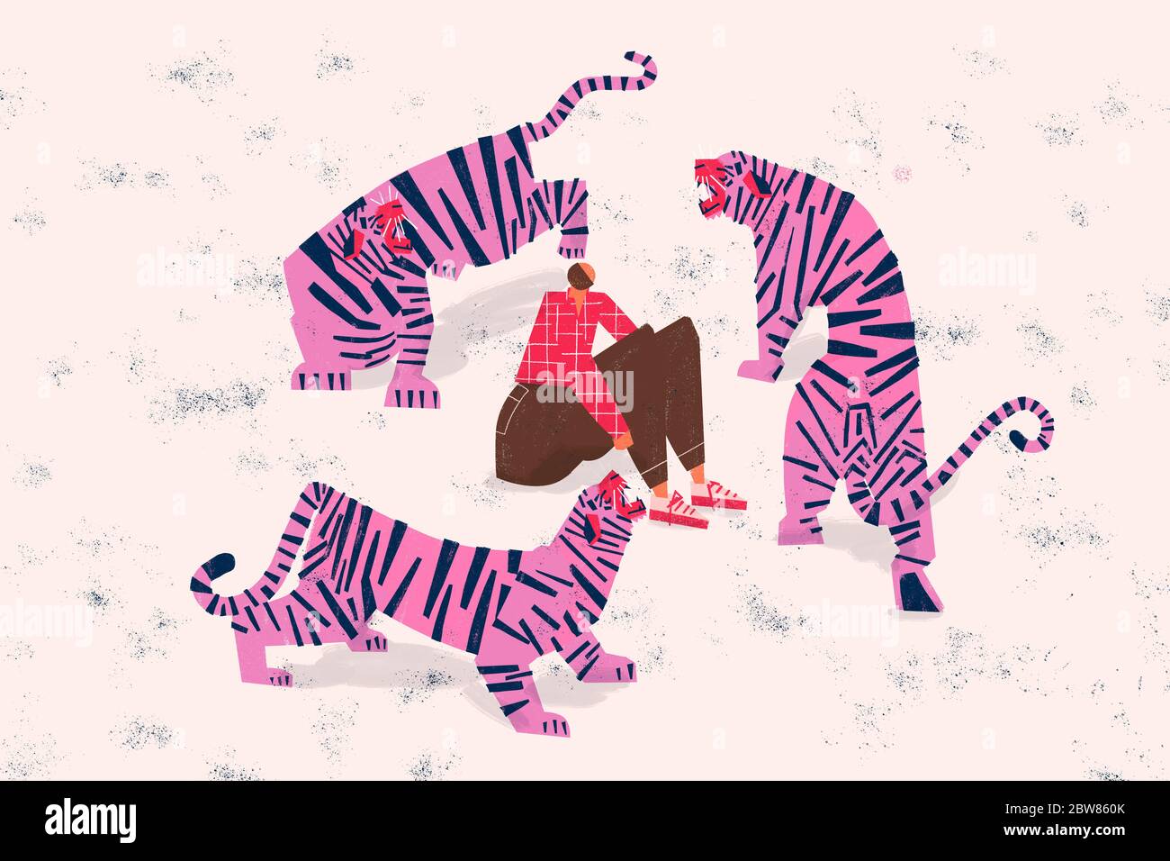 Anxiety disorder concept. Scared and anxious person surrounded by tigers. Social problematic. Colorful. Stock Photo