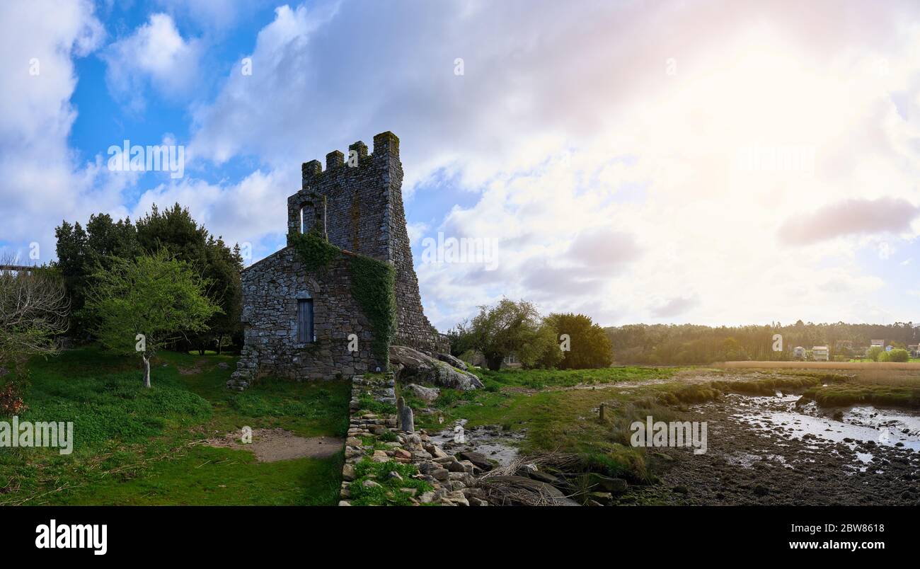 Torres del Oeste abandoned medieval church in Galicia, Spain Stock Photo