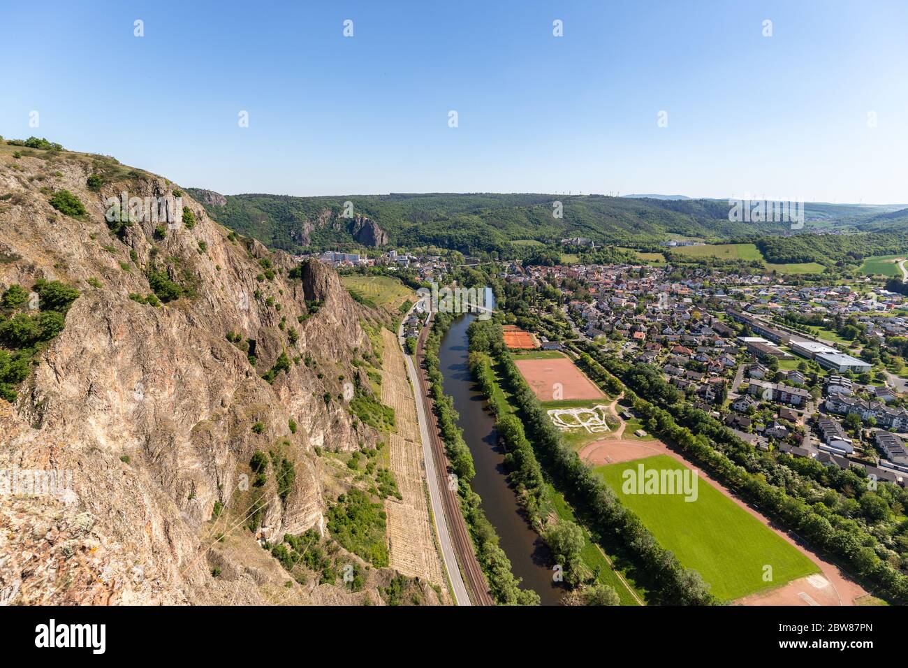 High angle view from the Rotenfels of Bad Muenster am Stein Ebernburg with rock massif and Nahe river Stock Photo