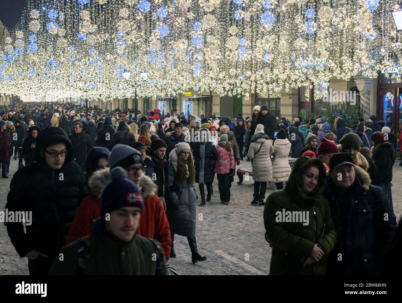 Moscow, Russia - Jan 2. 2019 Nikolskaya - pedestrian street in the city center Stock Photo