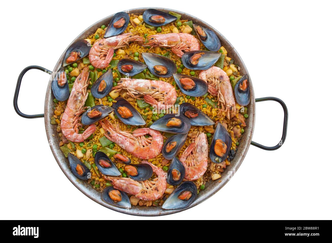 transparency cut, white background, paella typical Spanish food, with seafood vegetable meat, and rice Stock Photo