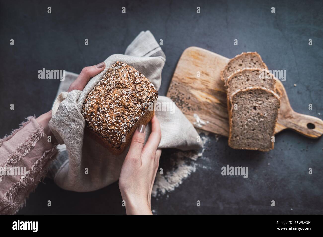 Bio buckwheat bread with chia and sunflower seeds. Top view Stock Photo Alamy